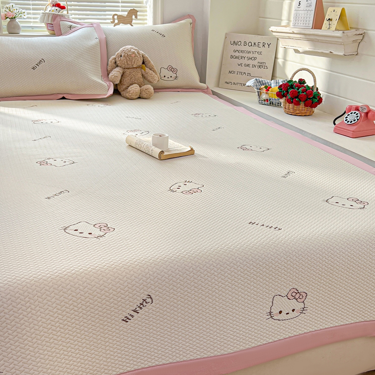 91家纺网 家纺一手货源 找家纺 十里居 2026春夏新款A类凉感PE卡通提花凉席席子空调软席 粉色KT