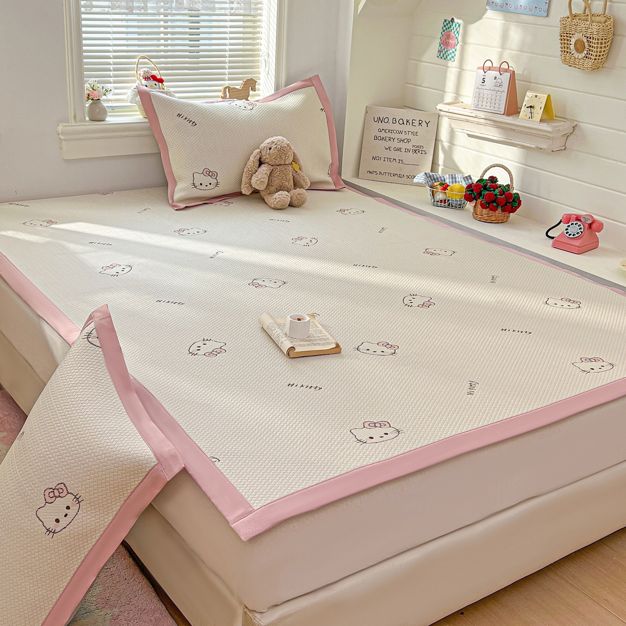 91家纺网 家纺一手货源 找家纺 十里居 2026春夏新款A类凉感PE卡通提花凉席席子空调软席 粉色KT