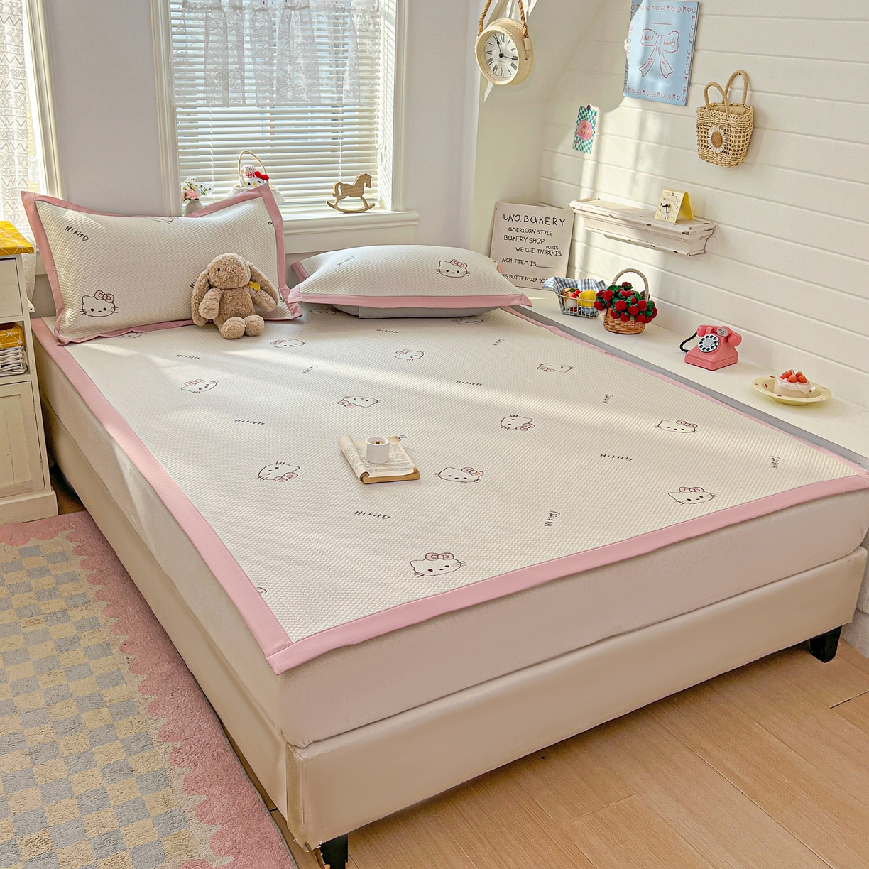 91家纺网 家纺一手货源 找家纺 十里居 2026春夏新款A类凉感PE卡通提花凉席席子空调软席 粉色KT