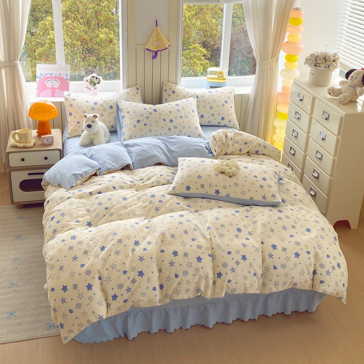 91家纺网 家纺一手货源 找家纺 莱米家纺 2026新款云感泡泡纱双层纱床盖四件套 海底星星