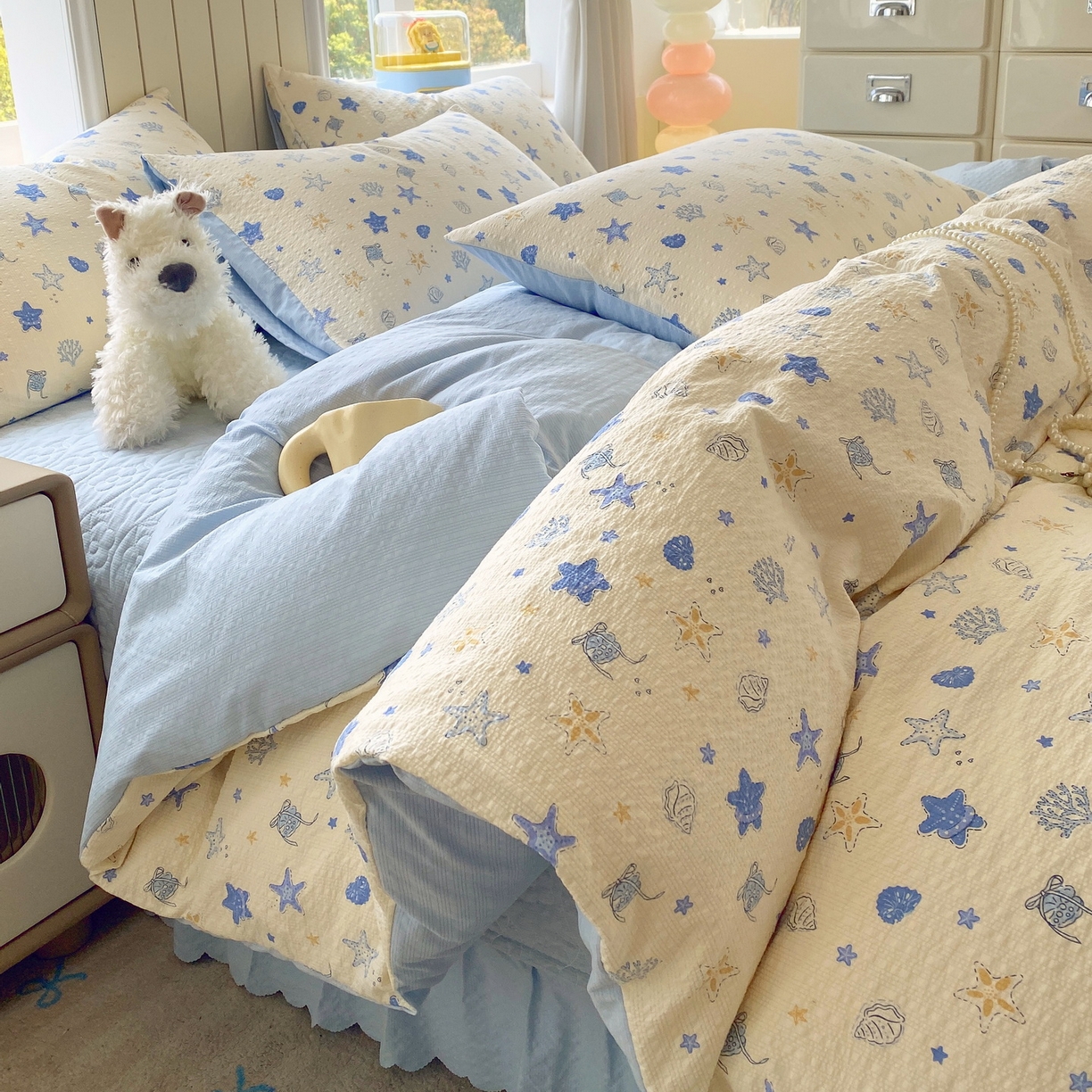 91家纺网 家纺一手货源 找家纺 莱米家纺 2026新款云感泡泡纱双层纱床盖四件套 海底星星