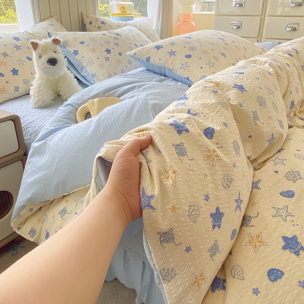 91家纺网 家纺一手货源 找家纺 莱米家纺 2026新款云感泡泡纱双层纱床盖四件套 海底星星