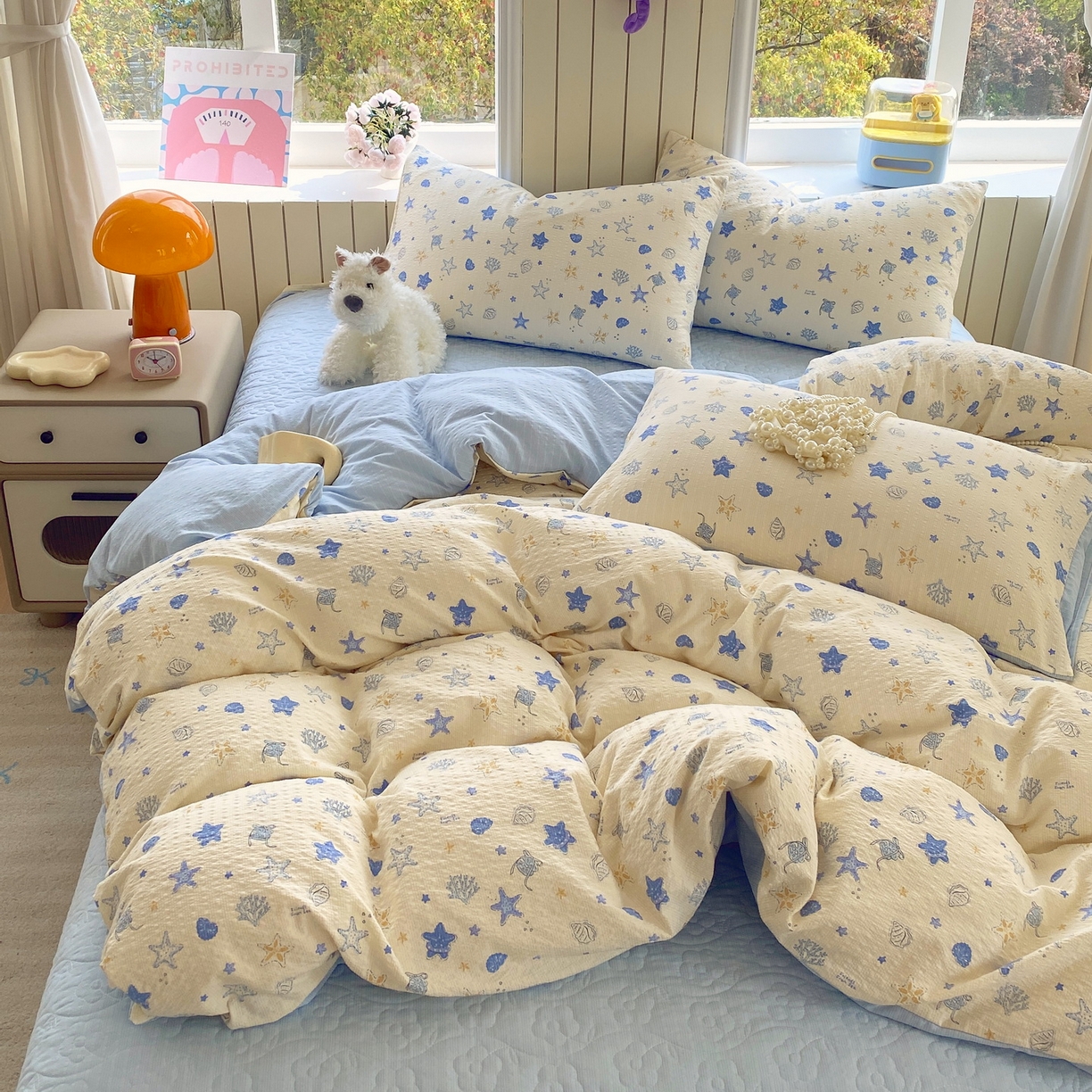 91家纺网 家纺一手货源 找家纺 莱米家纺 2026新款云感泡泡纱双层纱床盖四件套 海底星星