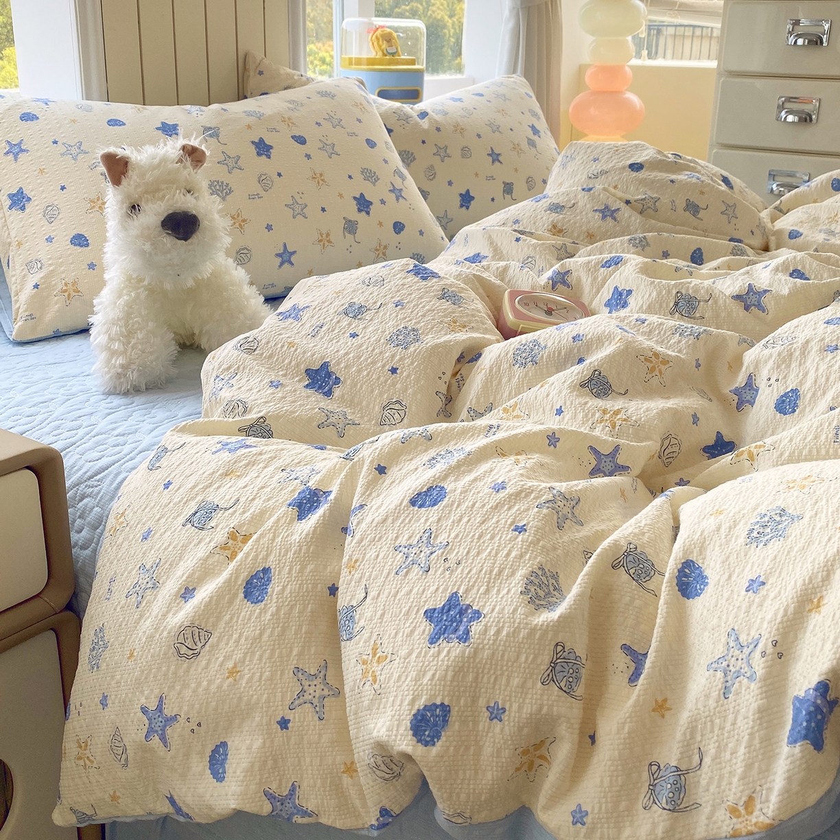 91家纺网 家纺一手货源 找家纺 莱米家纺 2026新款云感泡泡纱双层纱床盖四件套 海底星星