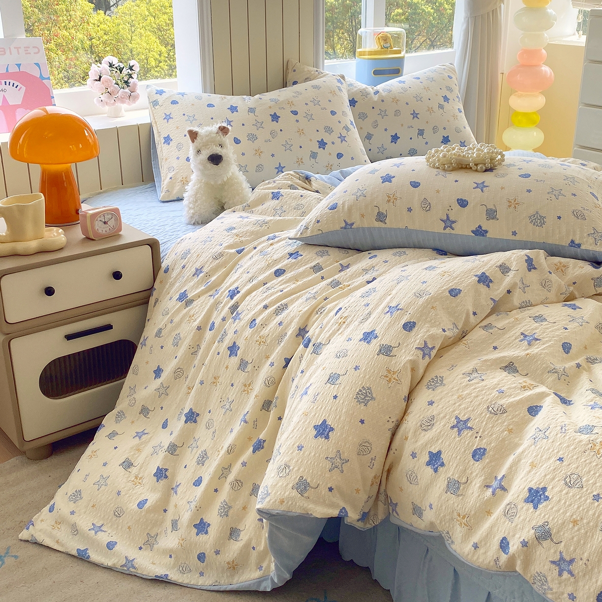 91家纺网 家纺一手货源 找家纺 莱米家纺 2026新款云感泡泡纱双层纱床盖四件套 海底星星