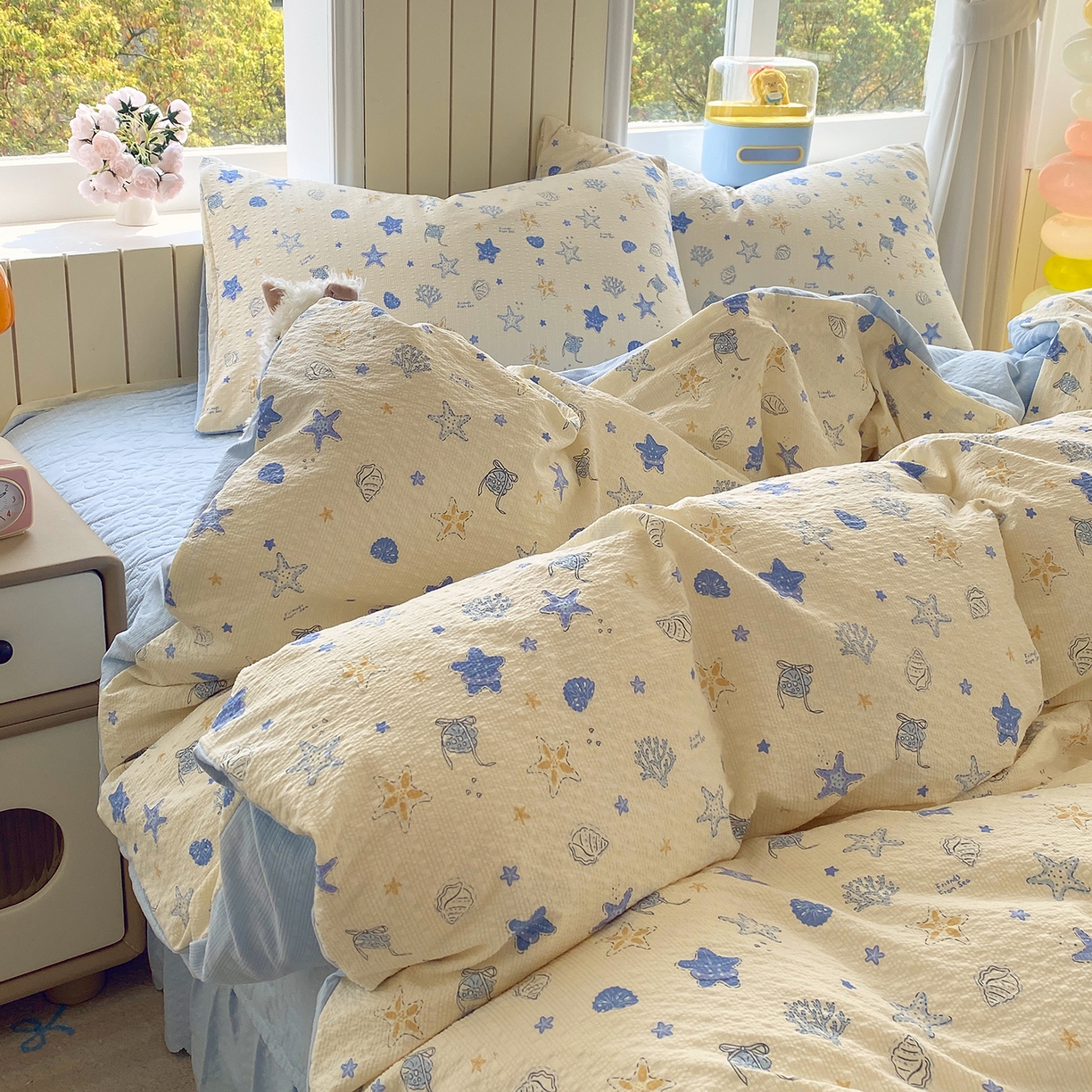 91家纺网 家纺一手货源 找家纺 莱米家纺 2026新款云感泡泡纱双层纱床盖四件套 海底星星