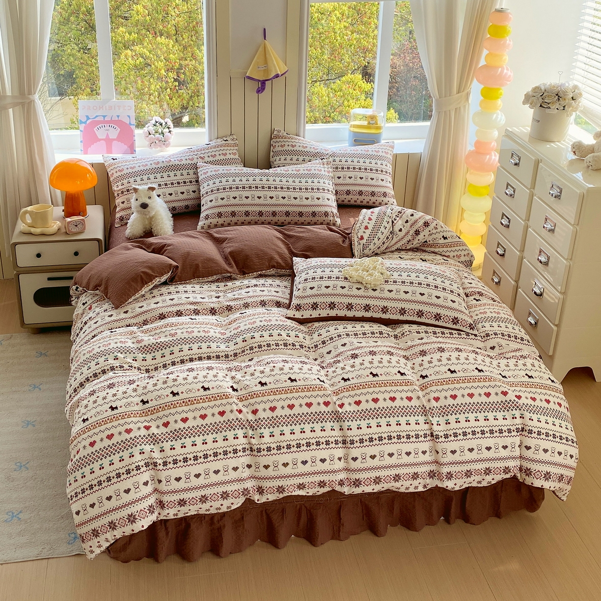 91家纺网 家纺一手货源 找家纺 莱米家纺 2026新款云感泡泡纱双层纱床盖四件套 费尔岛咖