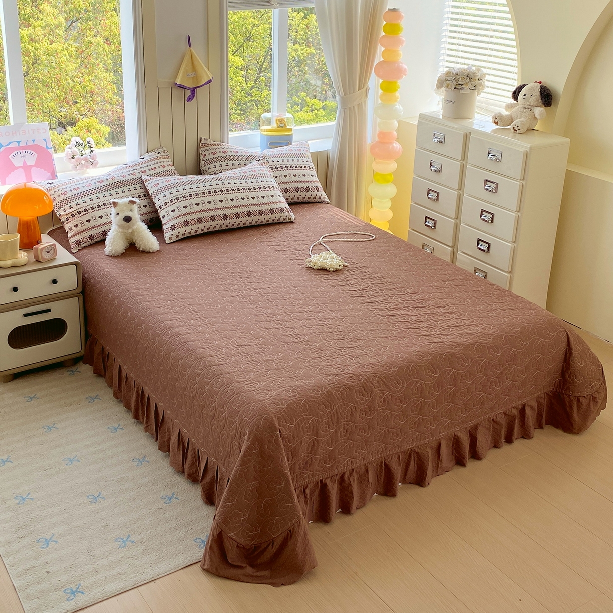 91家纺网 家纺一手货源 找家纺 莱米家纺 2026新款云感泡泡纱双层纱床盖四件套 费尔岛咖