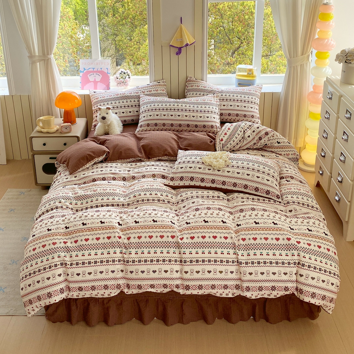 91家纺网 家纺一手货源 找家纺 莱米家纺 2026新款云感泡泡纱双层纱床盖四件套 费尔岛咖