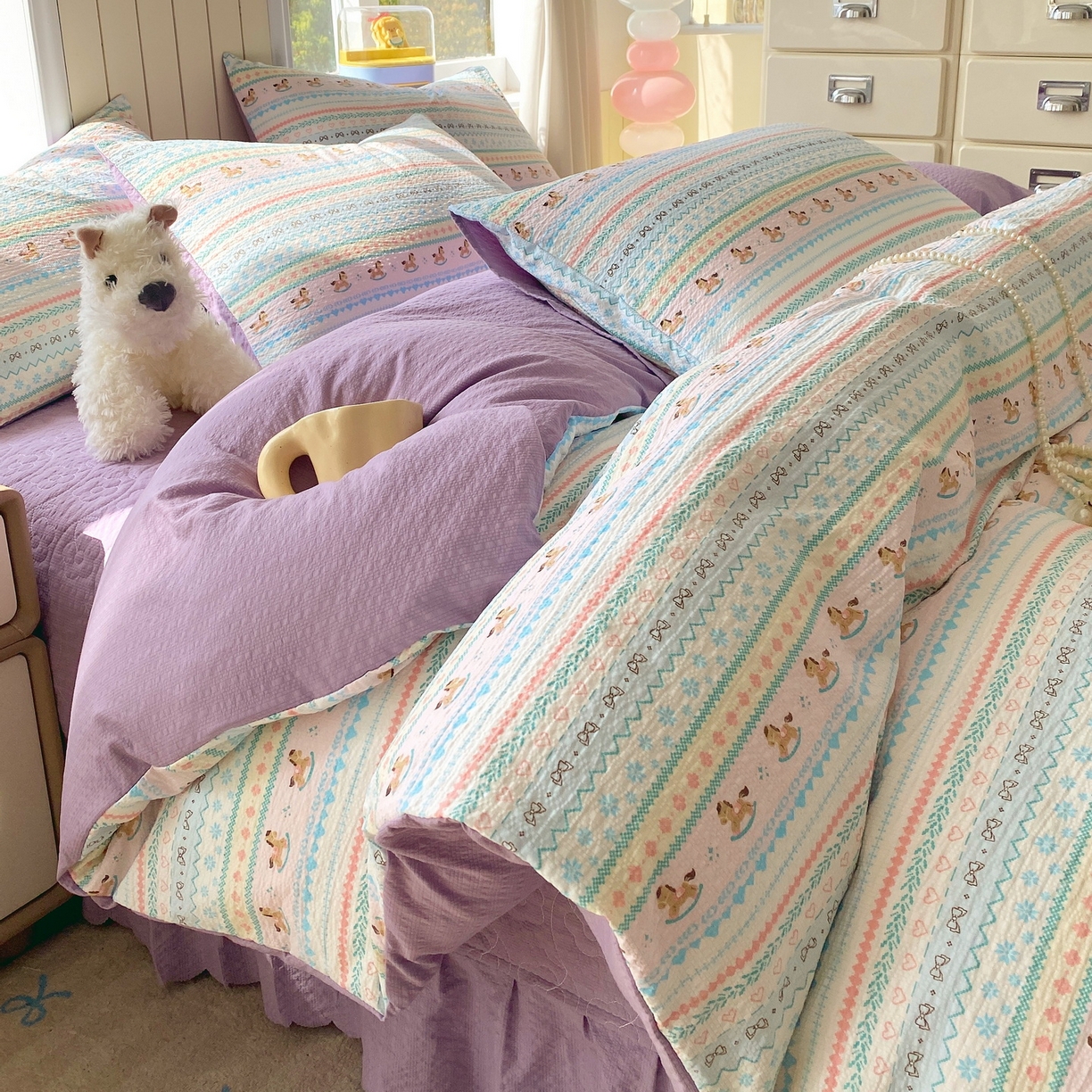 莱米家纺 2026新款云感泡泡纱双层纱床盖四件套 费尔岛紫