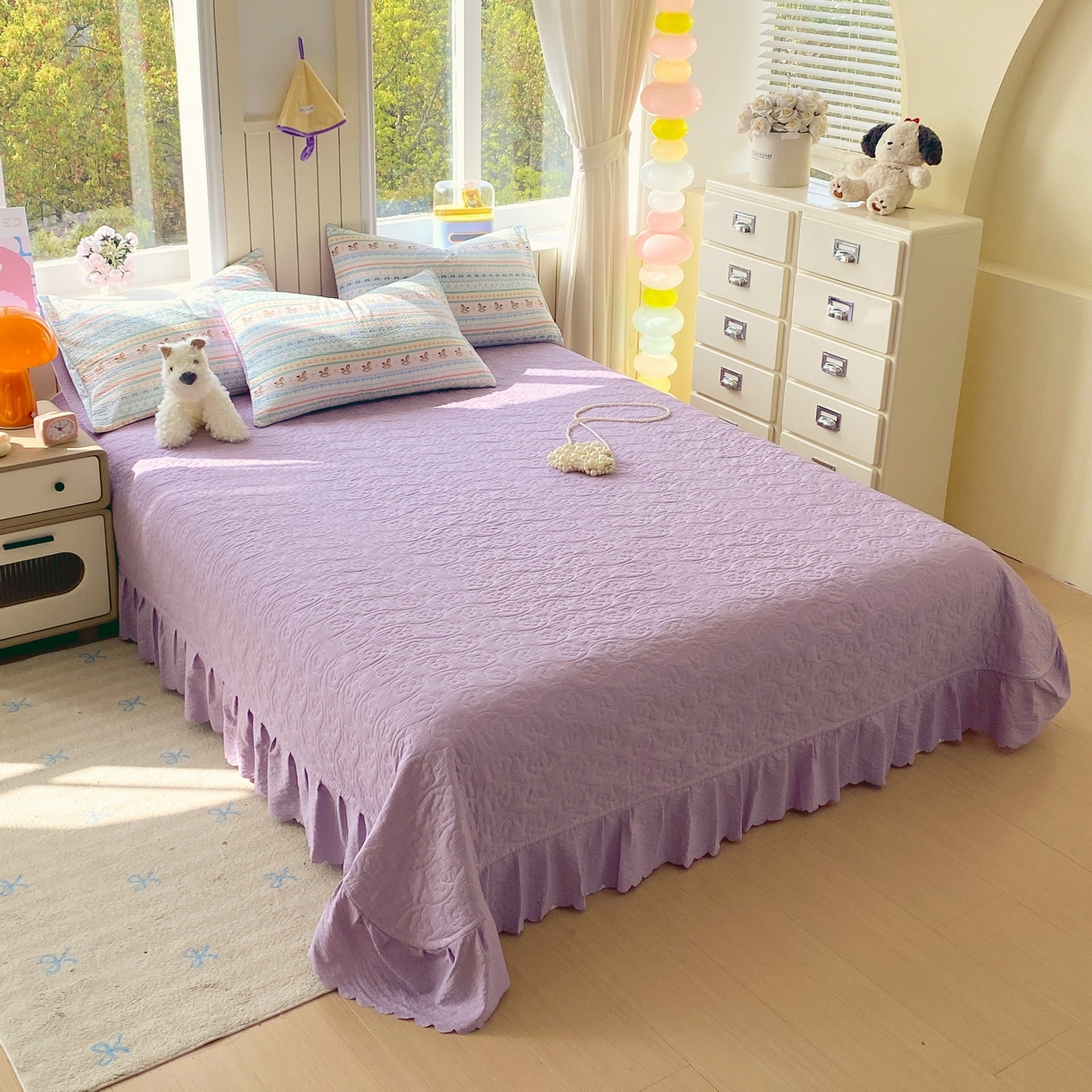 91家纺网 家纺一手货源 找家纺 莱米家纺 2026新款云感泡泡纱双层纱床盖四件套 费尔岛紫