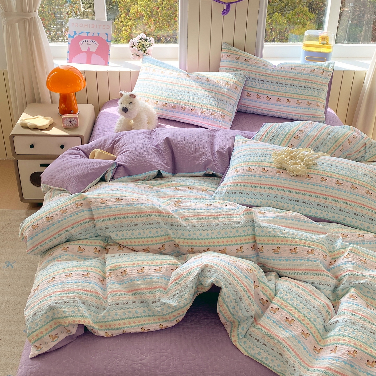 91家纺网 家纺一手货源 找家纺 莱米家纺 2026新款云感泡泡纱双层纱床盖四件套 费尔岛紫