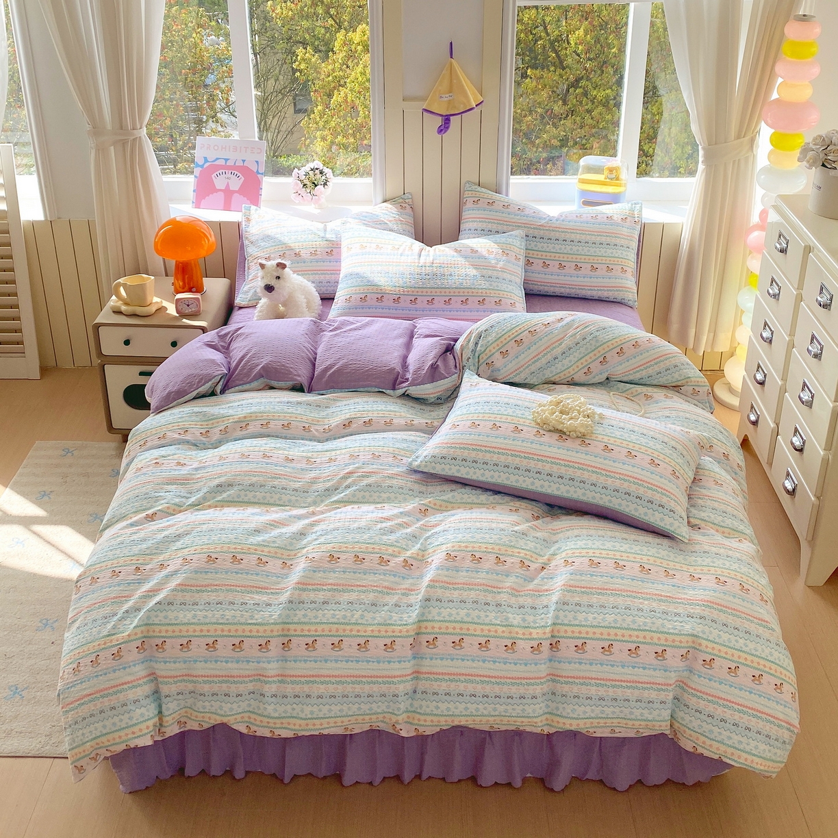 91家纺网 家纺一手货源 找家纺 莱米家纺 2026新款云感泡泡纱双层纱床盖四件套 费尔岛紫