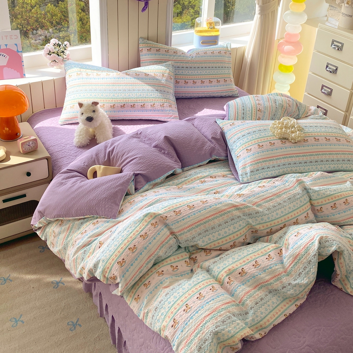 91家纺网 家纺一手货源 找家纺 莱米家纺 2026新款云感泡泡纱双层纱床盖四件套 费尔岛紫