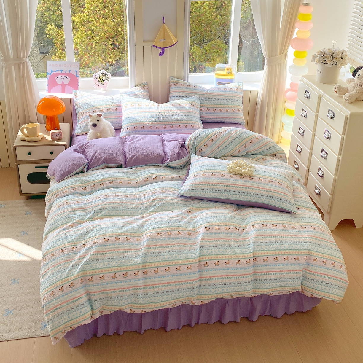 91家纺网 家纺一手货源 找家纺 莱米家纺 2026新款云感泡泡纱双层纱床盖四件套 费尔岛紫