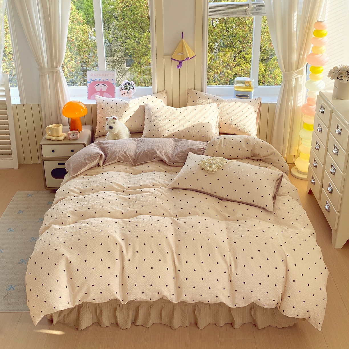 91家纺网 家纺一手货源 找家纺 莱米家纺 2026新款云感泡泡纱双层纱床盖四件套 卡其波点