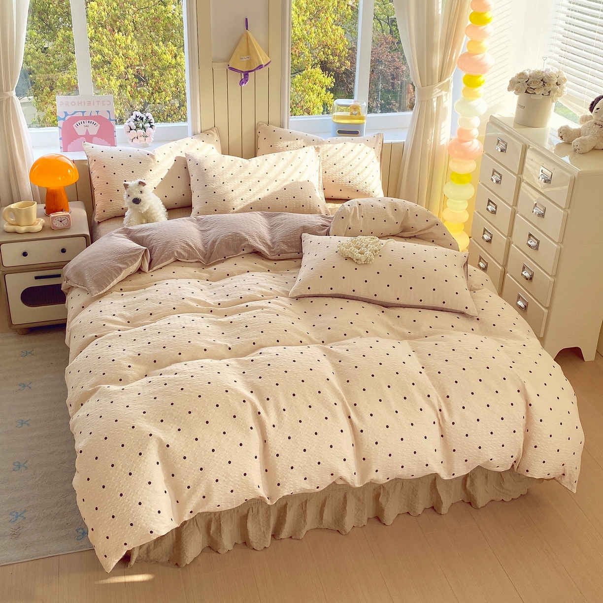 91家纺网 家纺一手货源 找家纺 莱米家纺 2026新款云感泡泡纱双层纱床盖四件套 卡其波点