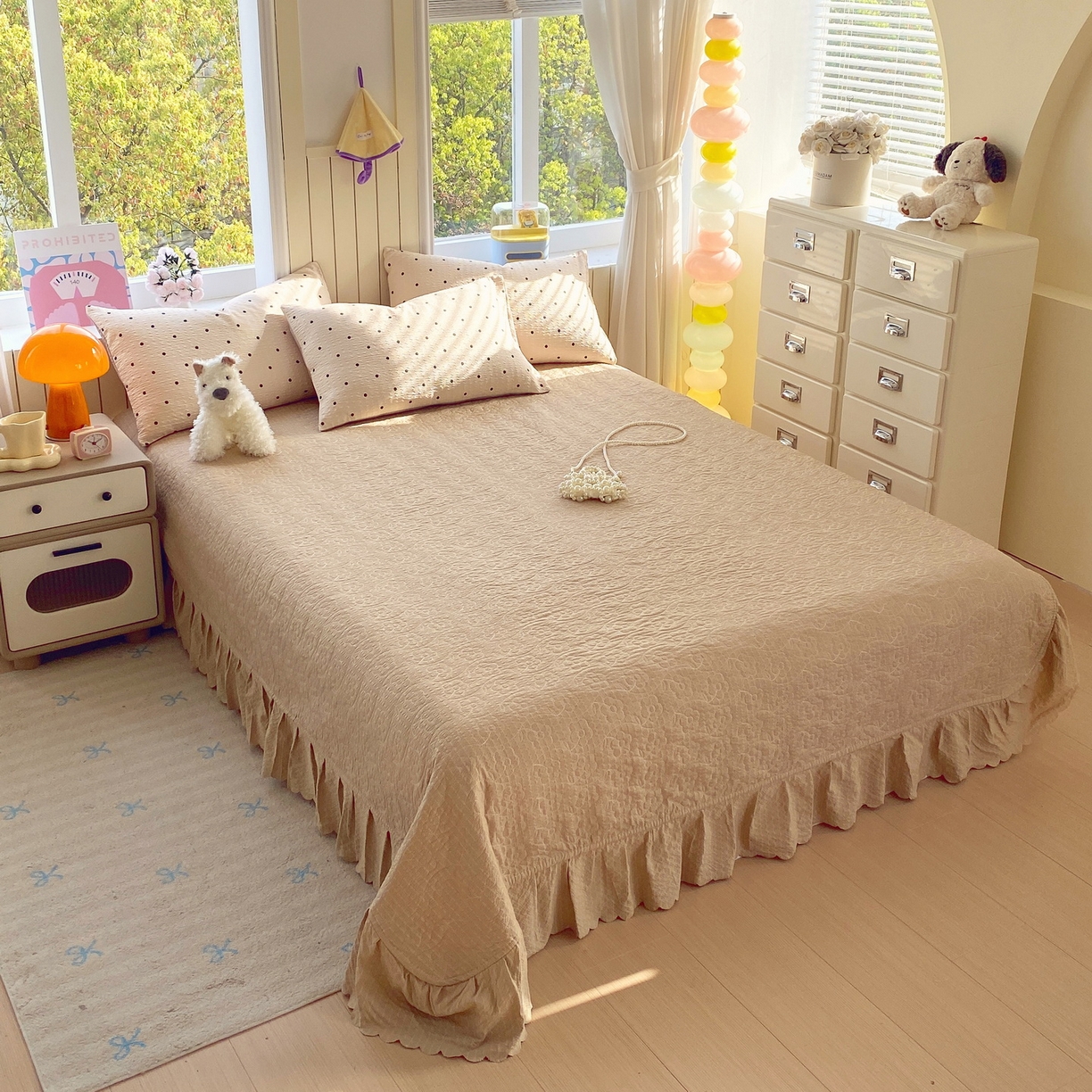 91家纺网 家纺一手货源 找家纺 莱米家纺 2026新款云感泡泡纱双层纱床盖四件套 卡其波点