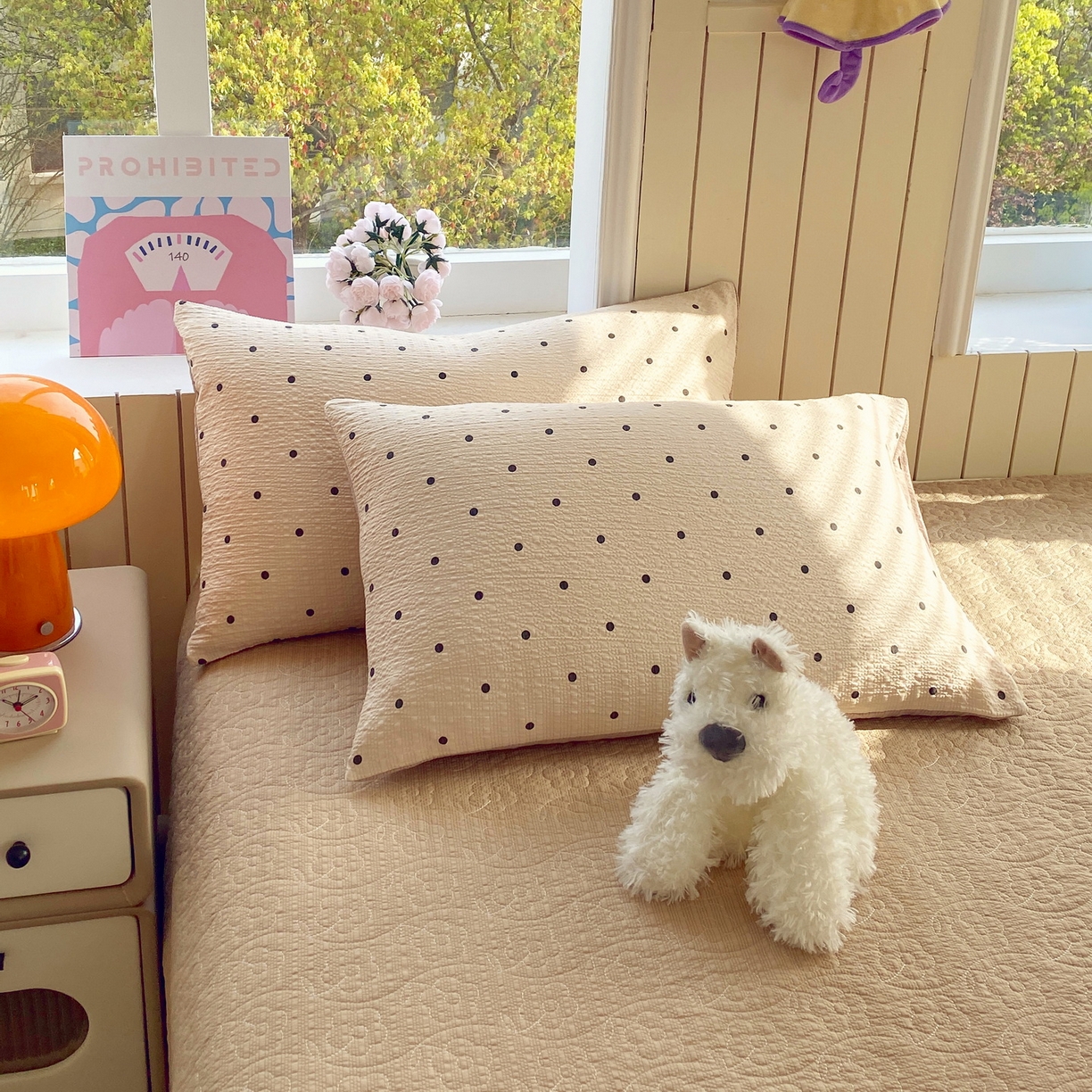 91家纺网 家纺一手货源 找家纺 莱米家纺 2026新款云感泡泡纱双层纱床盖四件套 卡其波点