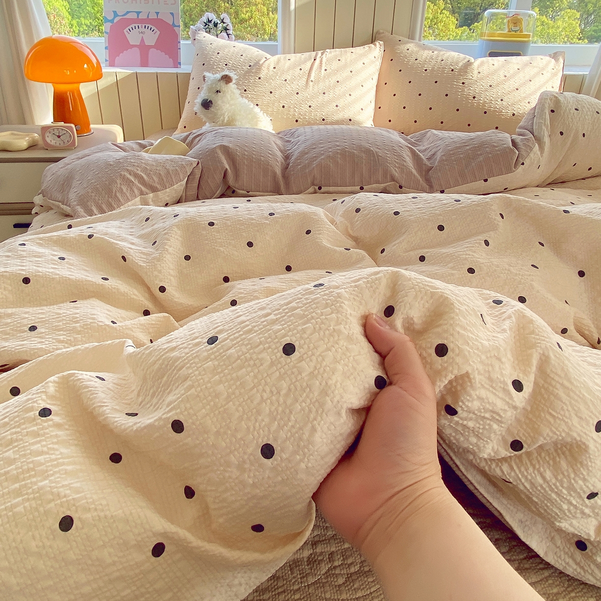 91家纺网 家纺一手货源 找家纺 莱米家纺 2026新款云感泡泡纱双层纱床盖四件套 卡其波点
