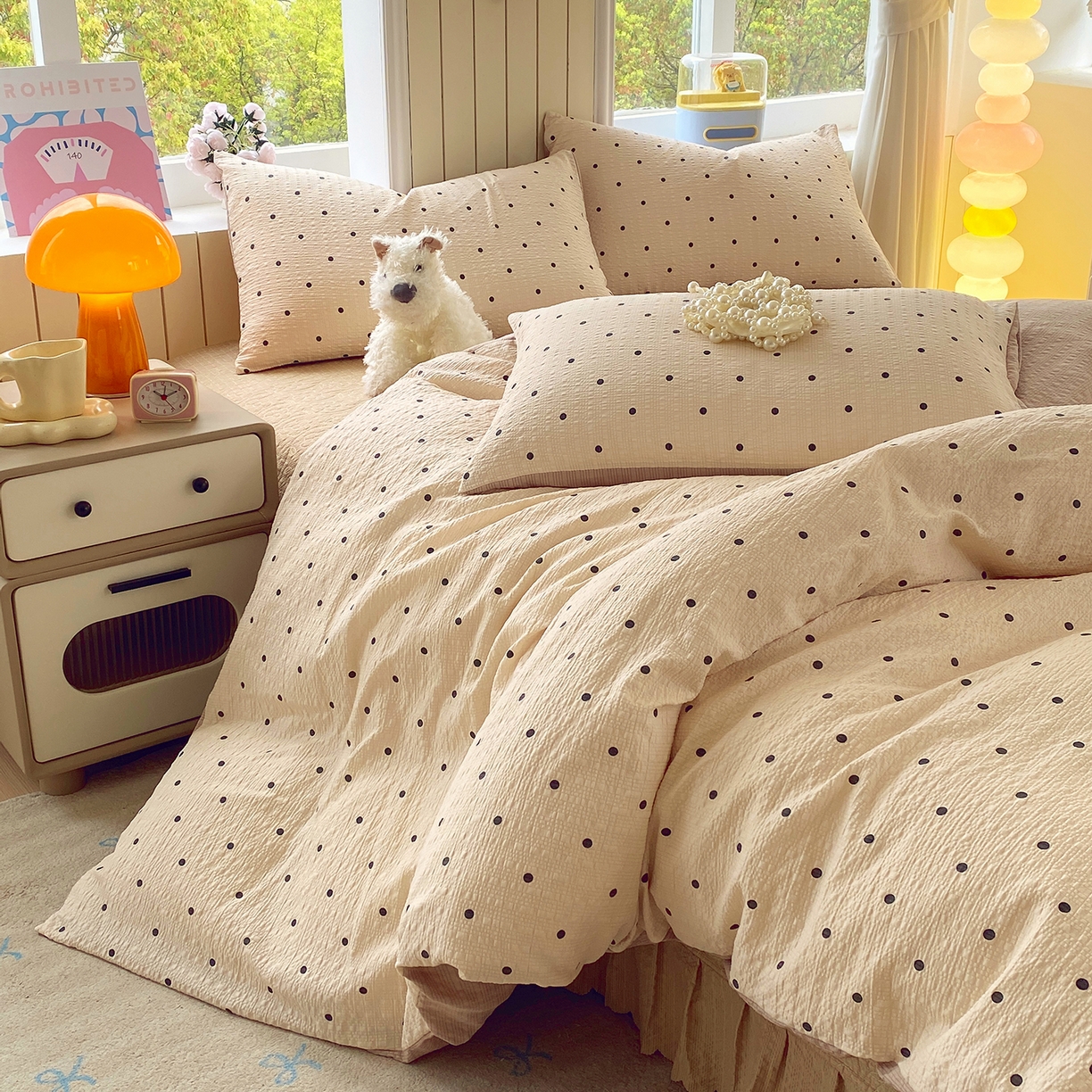 91家纺网 家纺一手货源 找家纺 莱米家纺 2026新款云感泡泡纱双层纱床盖四件套 卡其波点