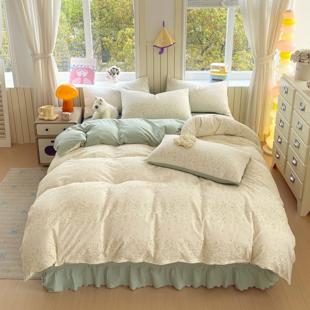 91家纺网 家纺一手货源 找家纺 莱米家纺 2026新款云感泡泡纱双层纱床盖四件套 绿花枝叶