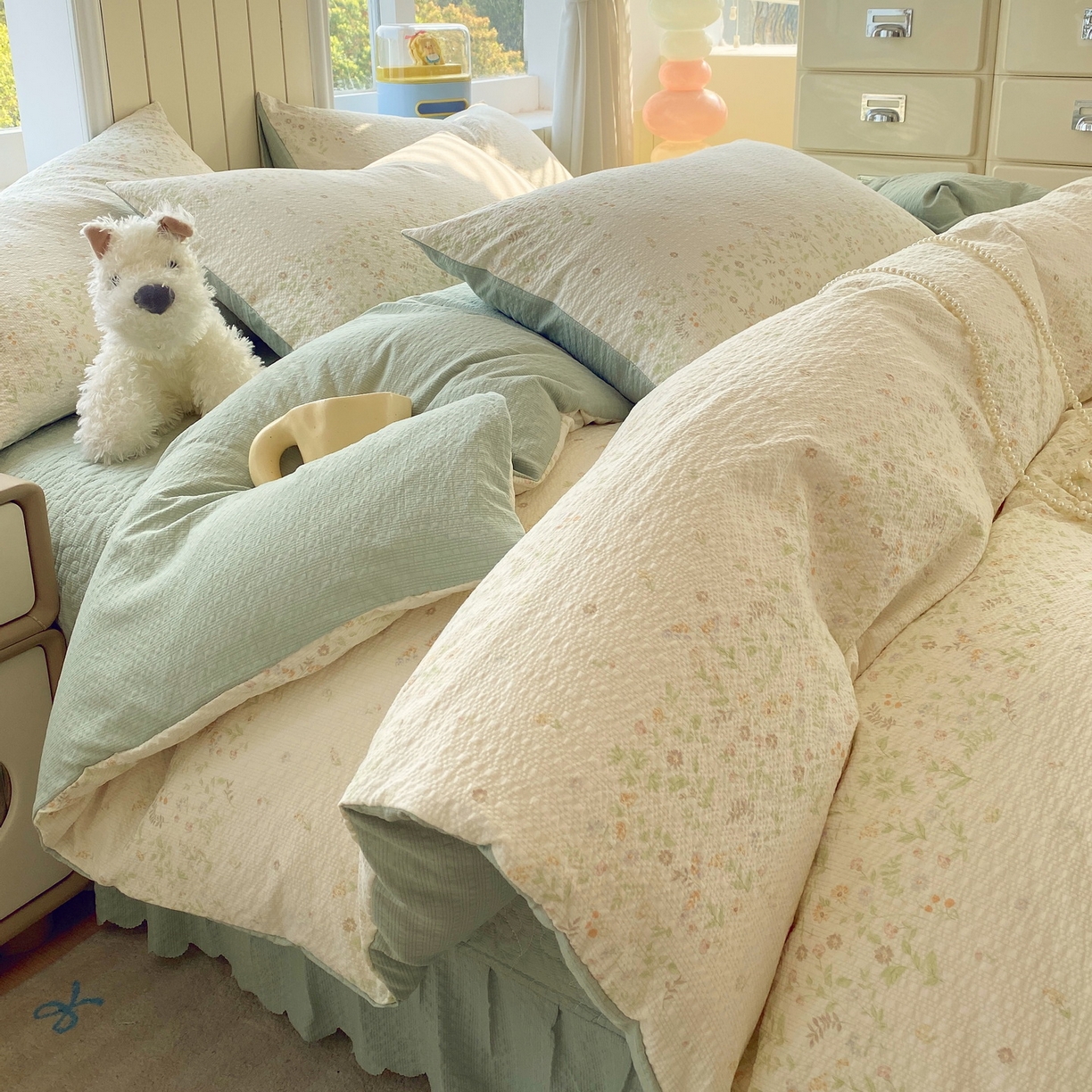 91家纺网 家纺一手货源 找家纺 莱米家纺 2026新款云感泡泡纱双层纱床盖四件套 绿花枝叶