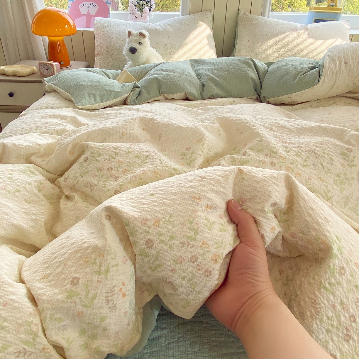 91家纺网 家纺一手货源 找家纺 莱米家纺 2026新款云感泡泡纱双层纱床盖四件套 绿花枝叶