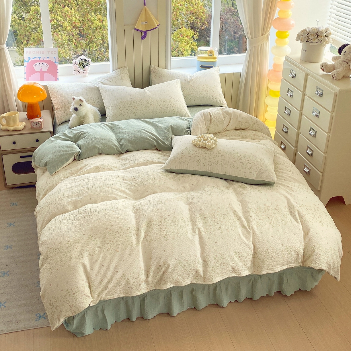 91家纺网 家纺一手货源 找家纺 莱米家纺 2026新款云感泡泡纱双层纱床盖四件套 绿花枝叶