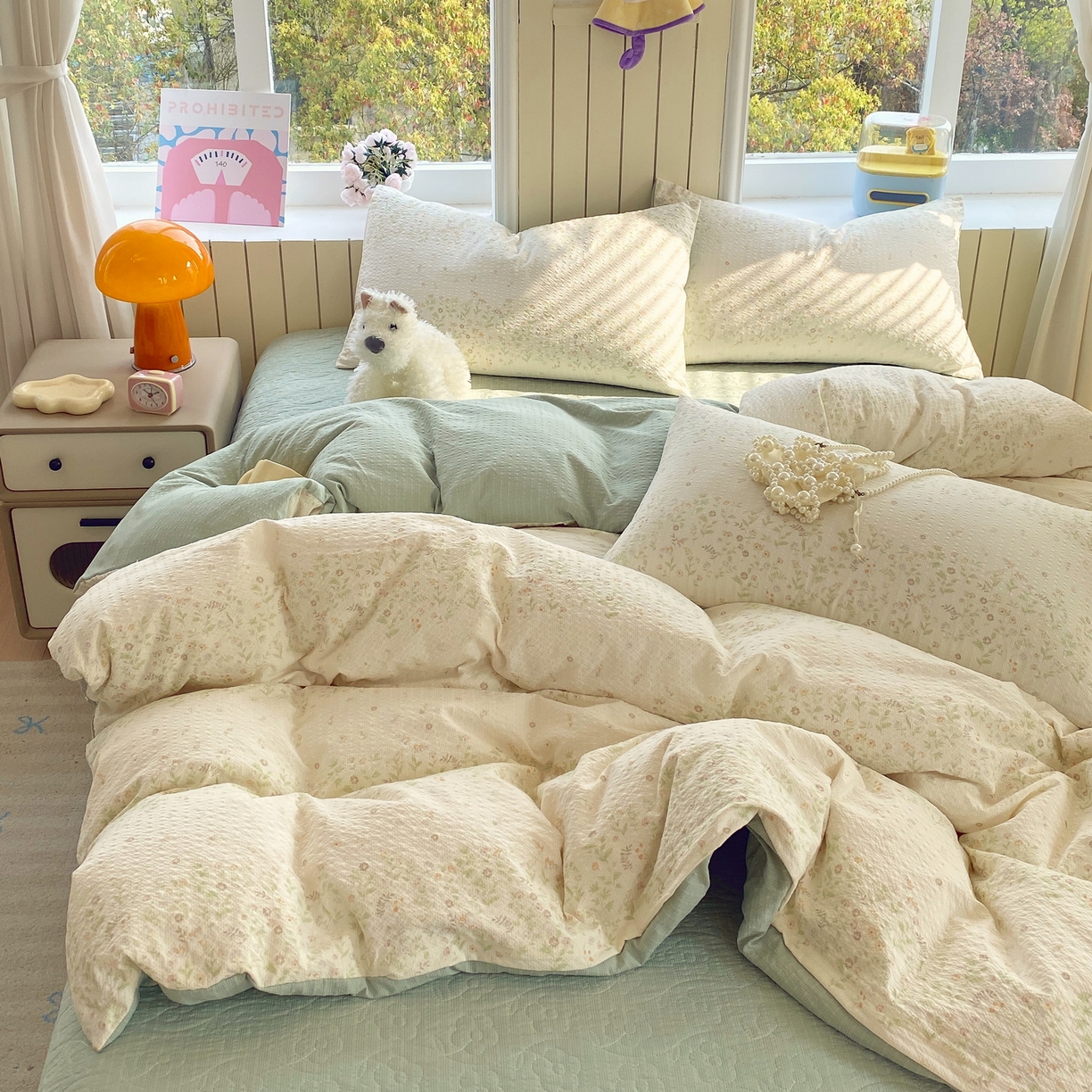 91家纺网 家纺一手货源 找家纺 莱米家纺 2026新款云感泡泡纱双层纱床盖四件套 绿花枝叶