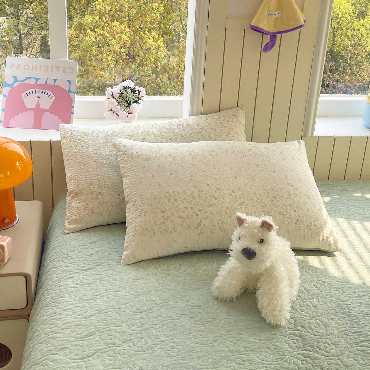 91家纺网 家纺一手货源 找家纺 莱米家纺 2026新款云感泡泡纱双层纱床盖四件套 绿花枝叶