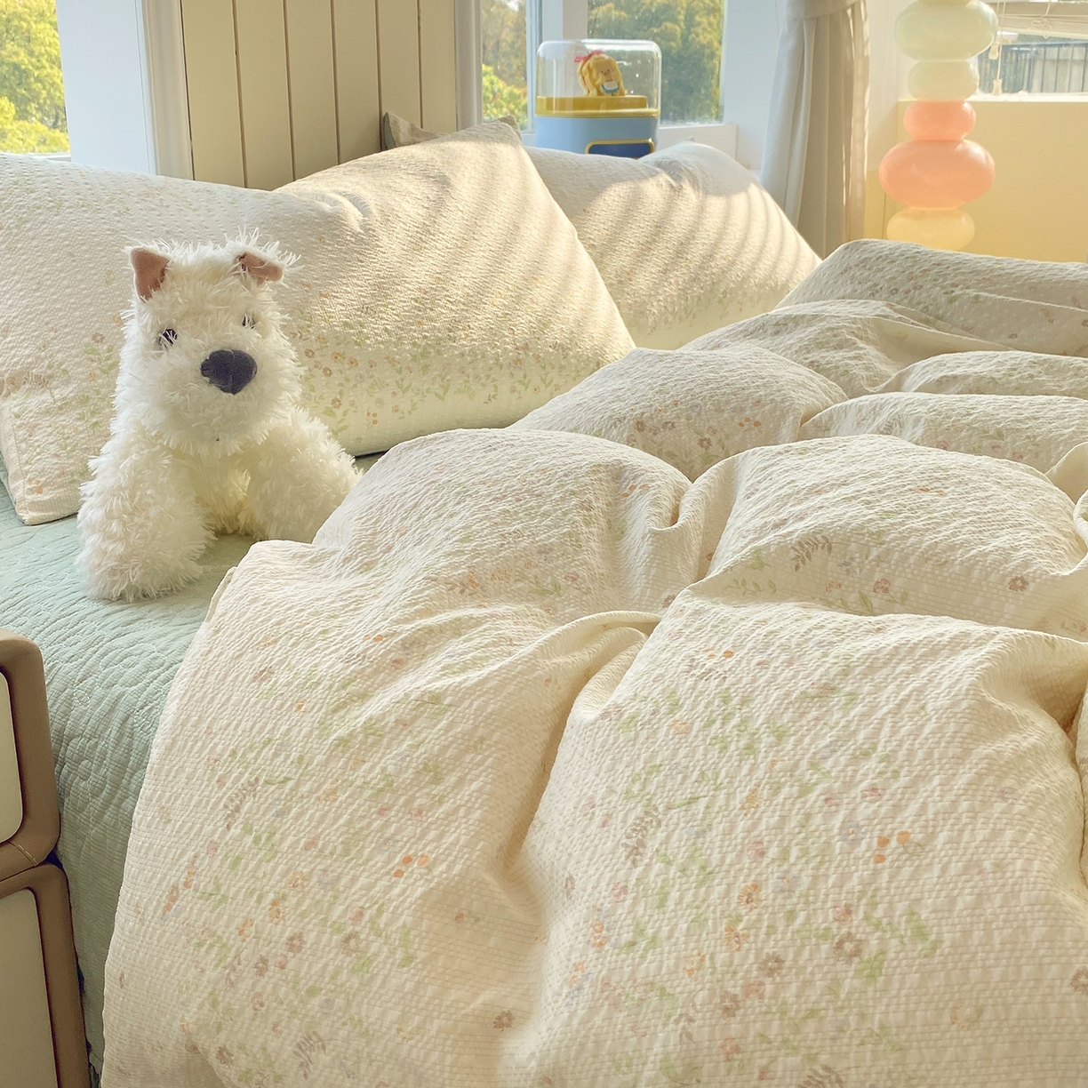 91家纺网 家纺一手货源 找家纺 莱米家纺 2026新款云感泡泡纱双层纱床盖四件套 绿花枝叶