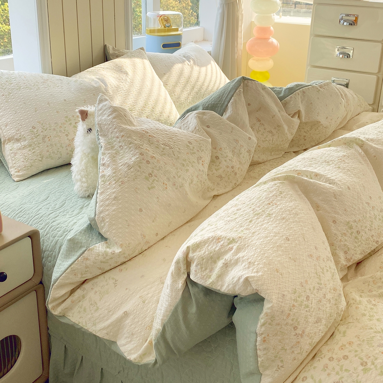 91家纺网 家纺一手货源 找家纺 莱米家纺 2026新款云感泡泡纱双层纱床盖四件套 绿花枝叶