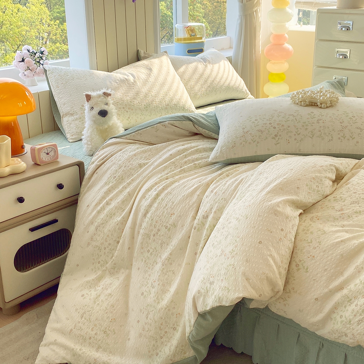 91家纺网 家纺一手货源 找家纺 莱米家纺 2026新款云感泡泡纱双层纱床盖四件套 绿花枝叶