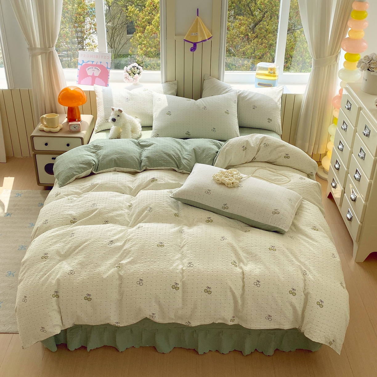 91家纺网 家纺一手货源 找家纺 莱米家纺 2026新款云感泡泡纱双层纱床盖四件套 绿樱桃