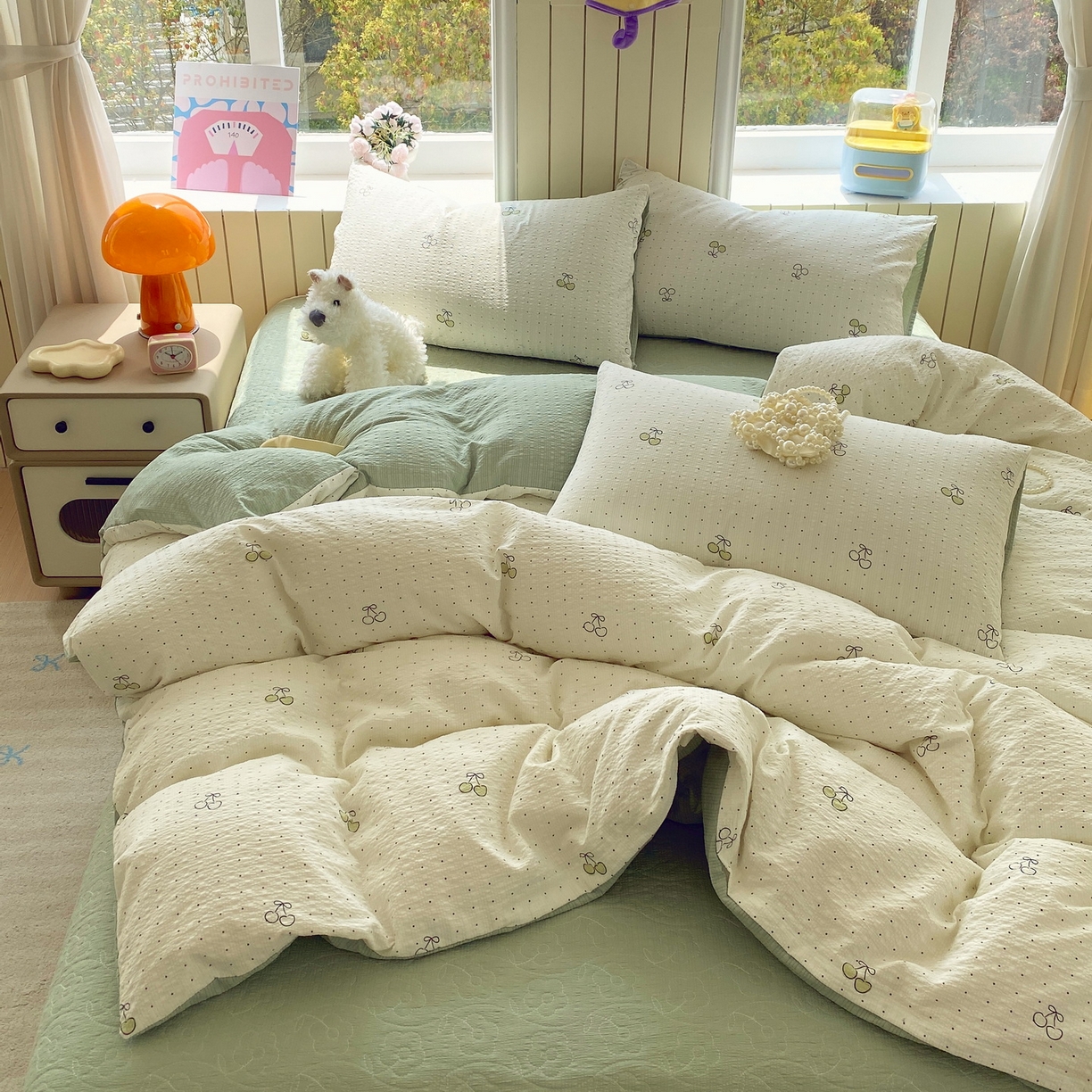 91家纺网 家纺一手货源 找家纺 莱米家纺 2026新款云感泡泡纱双层纱床盖四件套 绿樱桃