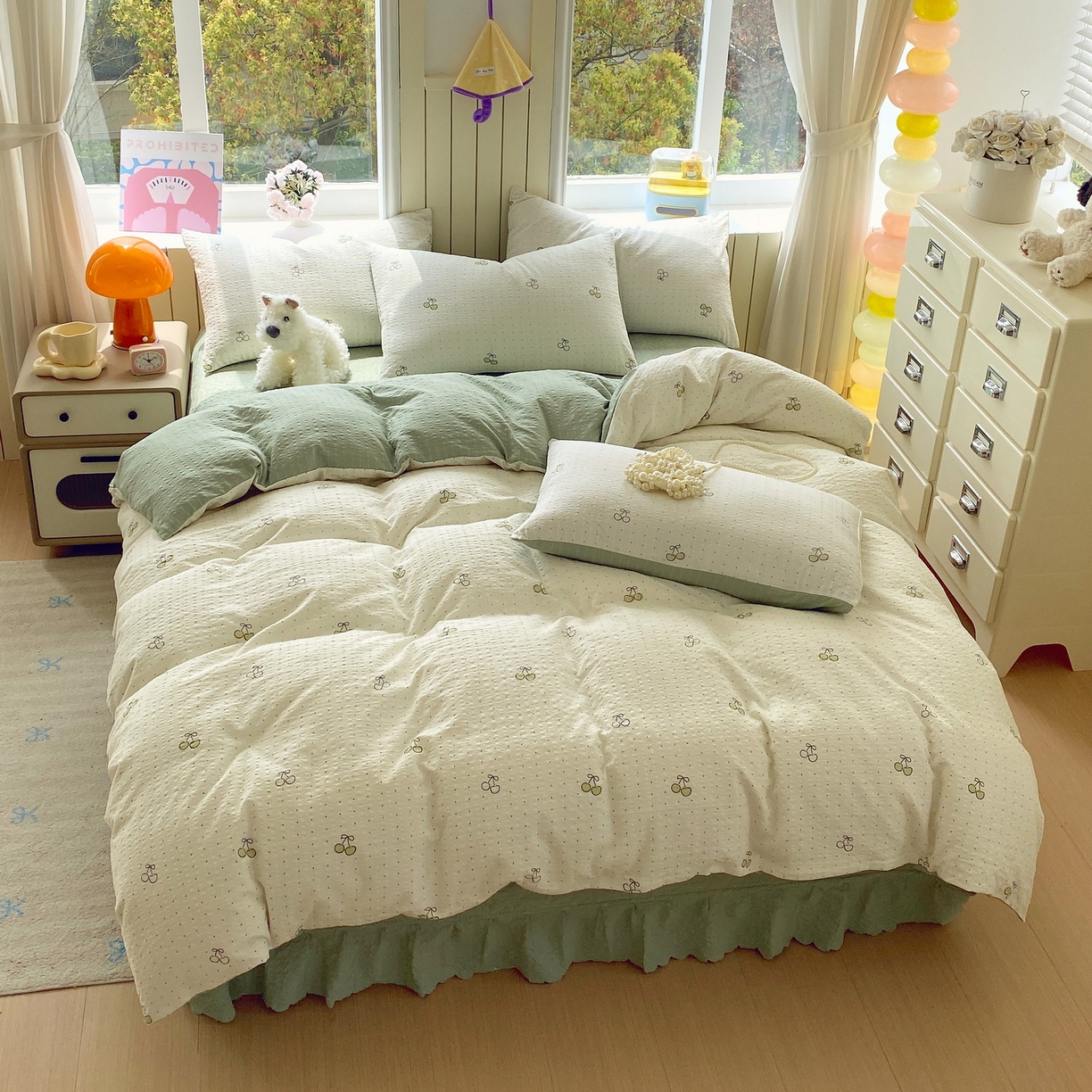 91家纺网 家纺一手货源 找家纺 莱米家纺 2026新款云感泡泡纱双层纱床盖四件套 绿樱桃