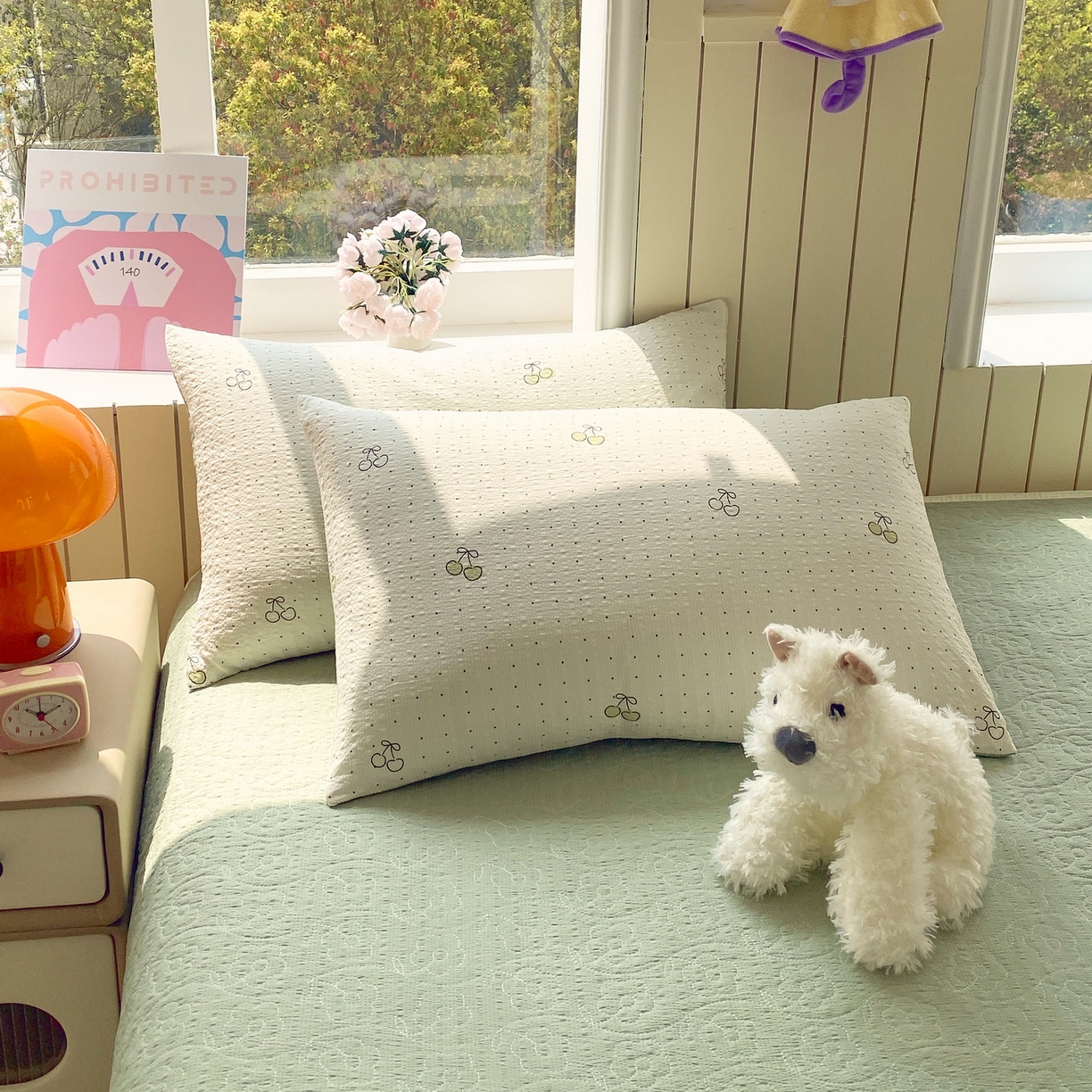 91家纺网 家纺一手货源 找家纺 莱米家纺 2026新款云感泡泡纱双层纱床盖四件套 绿樱桃