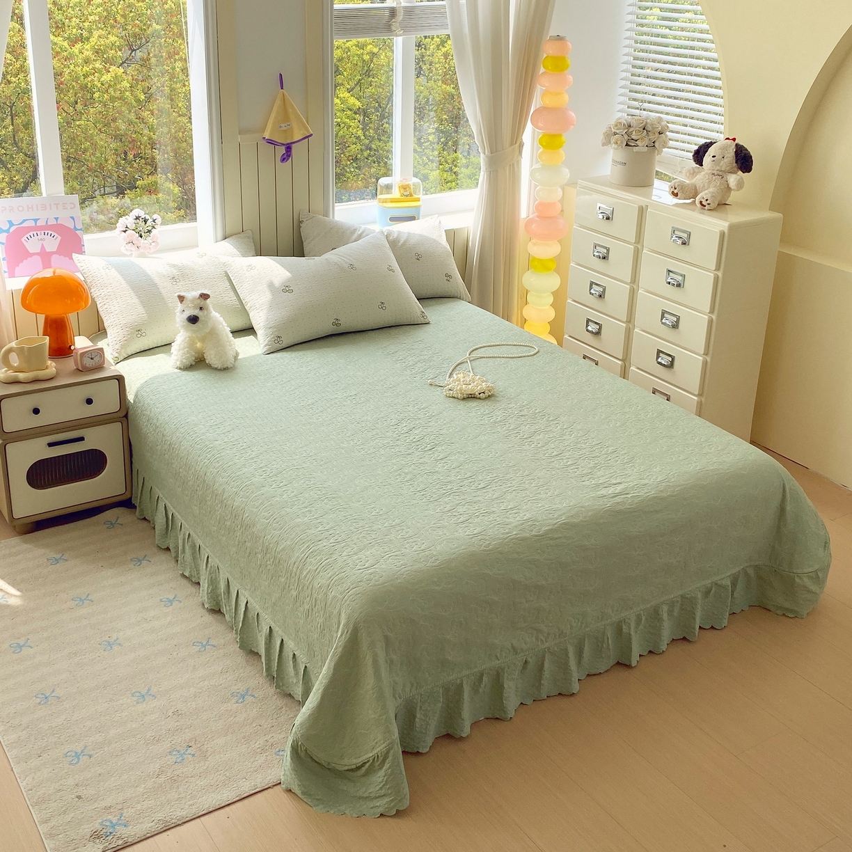 91家纺网 家纺一手货源 找家纺 莱米家纺 2026新款云感泡泡纱双层纱床盖四件套 绿樱桃