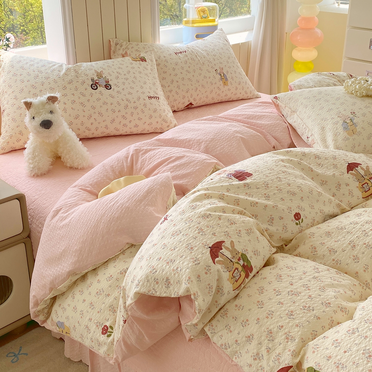 莱米家纺 2026新款云感泡泡纱双层纱床盖四件套 兔兔之家