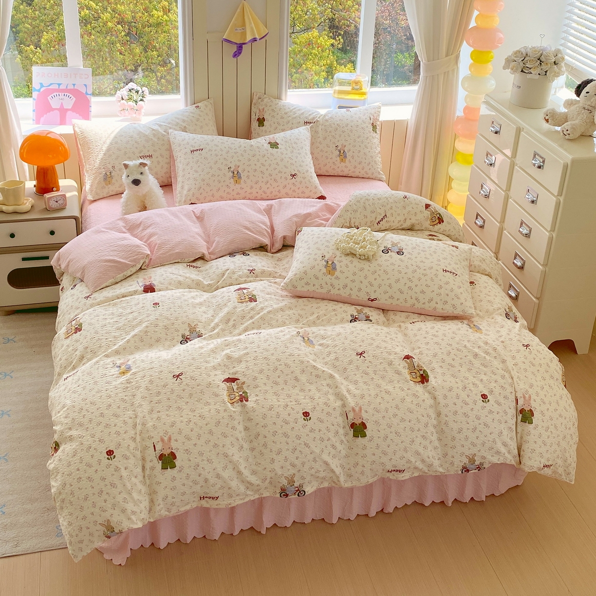 91家纺网 家纺一手货源 找家纺 莱米家纺 2026新款云感泡泡纱双层纱床盖四件套 兔兔之家