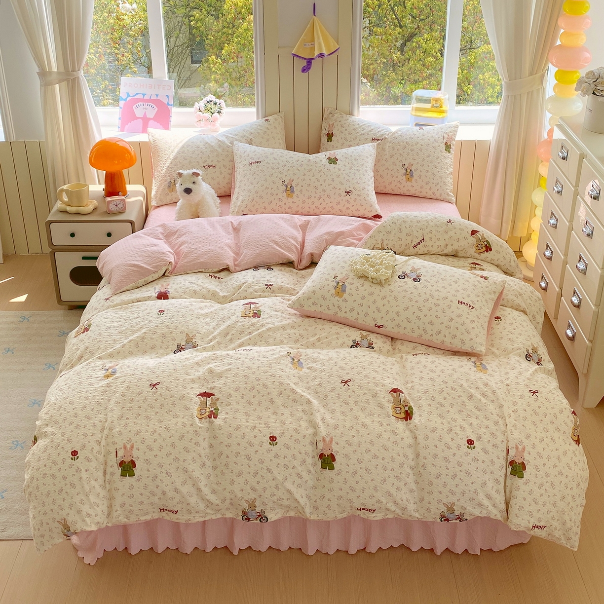 91家纺网 家纺一手货源 找家纺 莱米家纺 2026新款云感泡泡纱双层纱床盖四件套 兔兔之家