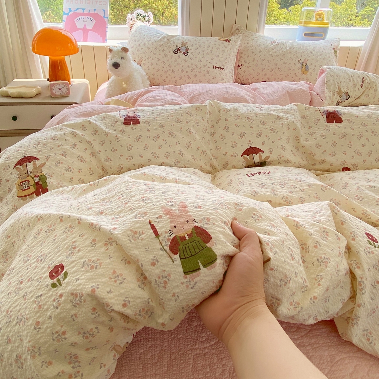 91家纺网 家纺一手货源 找家纺 莱米家纺 2026新款云感泡泡纱双层纱床盖四件套 兔兔之家