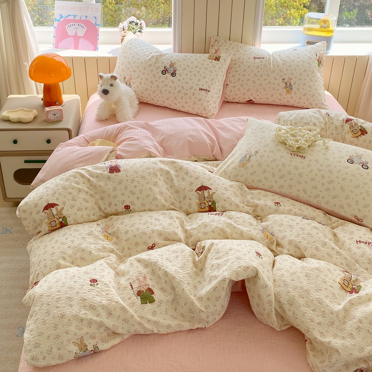 91家纺网 家纺一手货源 找家纺 莱米家纺 2026新款云感泡泡纱双层纱床盖四件套 兔兔之家