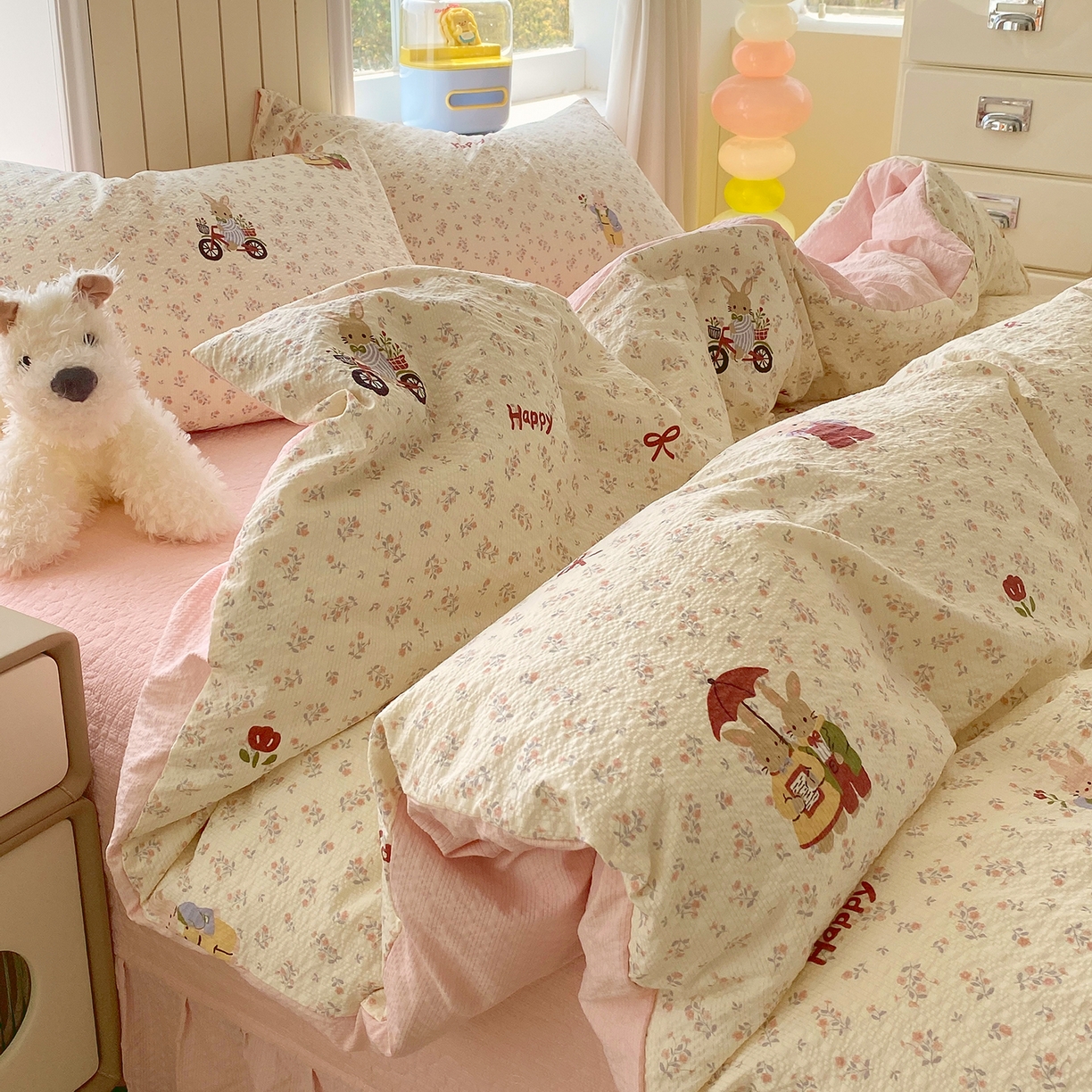 91家纺网 家纺一手货源 找家纺 莱米家纺 2026新款云感泡泡纱双层纱床盖四件套 兔兔之家