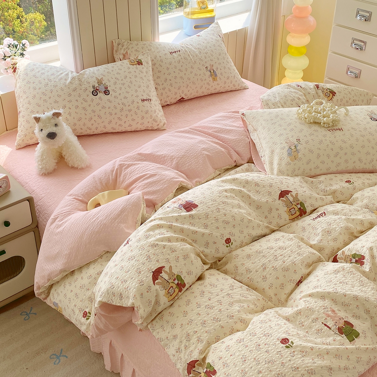 91家纺网 家纺一手货源 找家纺 莱米家纺 2026新款云感泡泡纱双层纱床盖四件套 兔兔之家