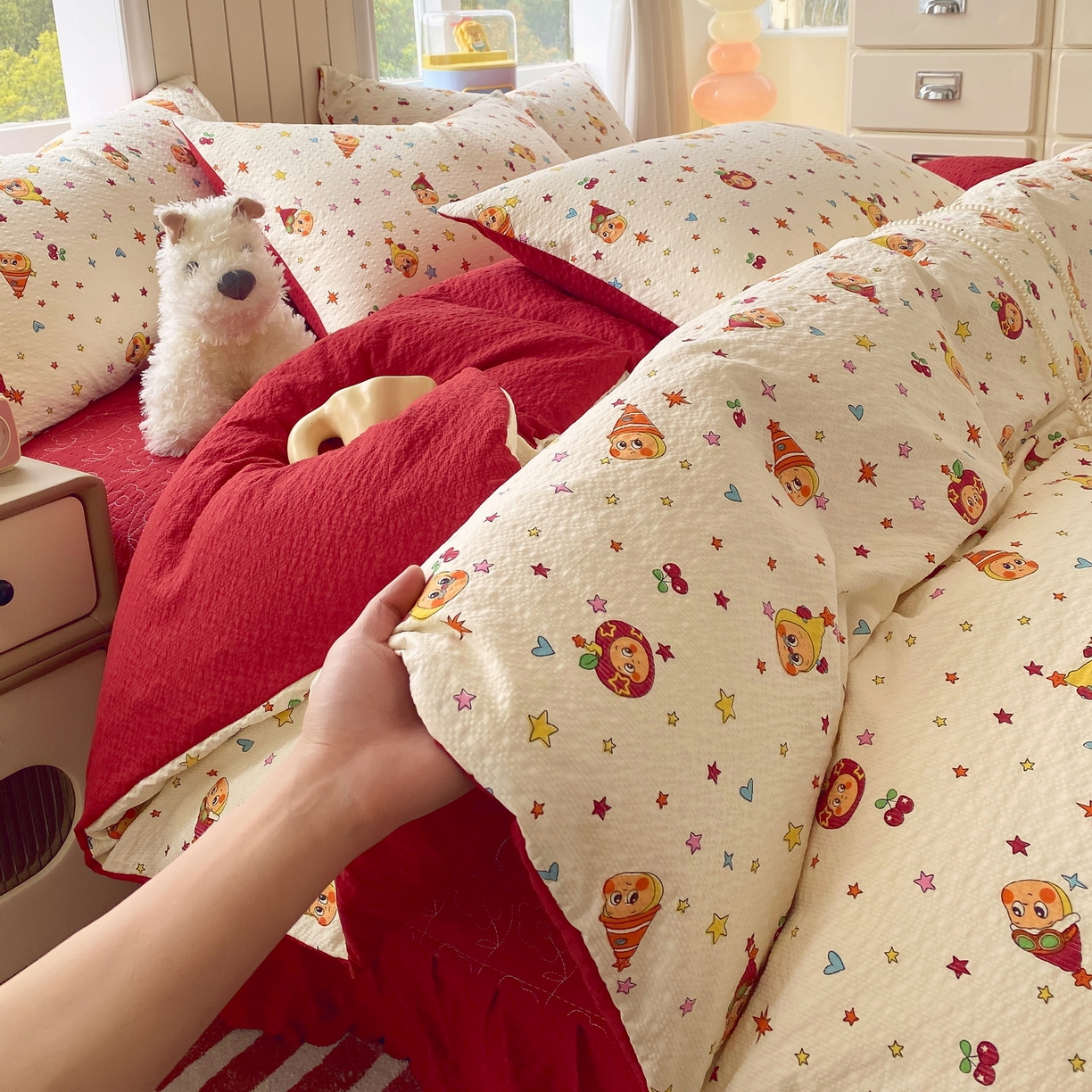 91家纺网 家纺一手货源 找家纺 莱米家纺 2026新款云感泡泡纱双层纱床盖四件套 星星人