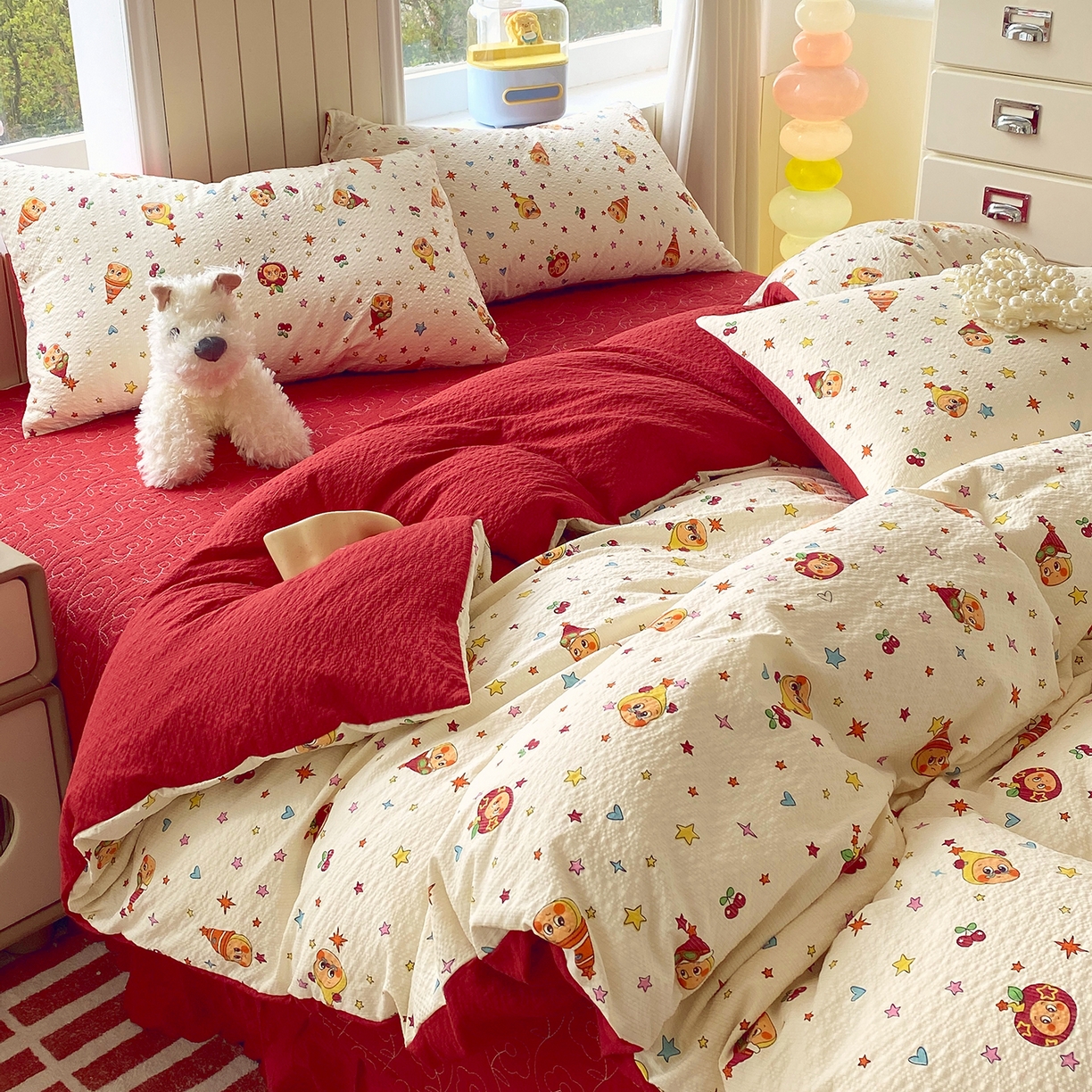 91家纺网 家纺一手货源 找家纺 莱米家纺 2026新款云感泡泡纱双层纱床盖四件套 星星人