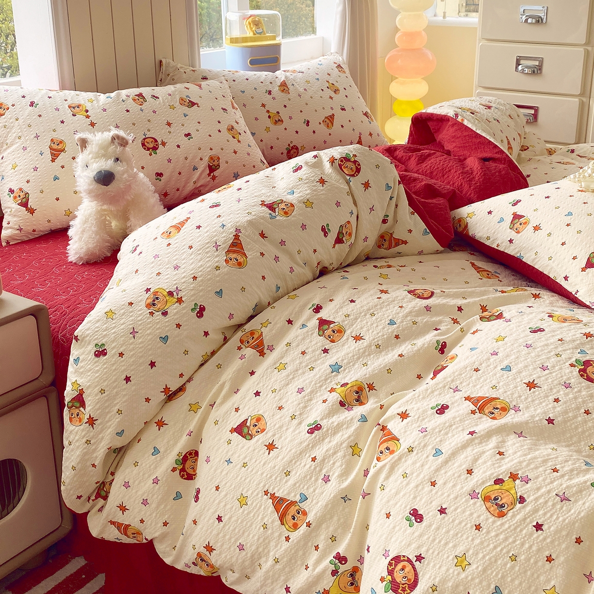 91家纺网 家纺一手货源 找家纺 莱米家纺 2026新款云感泡泡纱双层纱床盖四件套 星星人