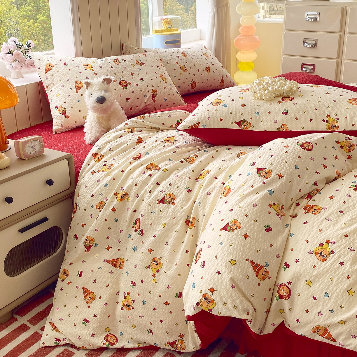 91家纺网 家纺一手货源 找家纺 莱米家纺 2026新款云感泡泡纱双层纱床盖四件套 星星人